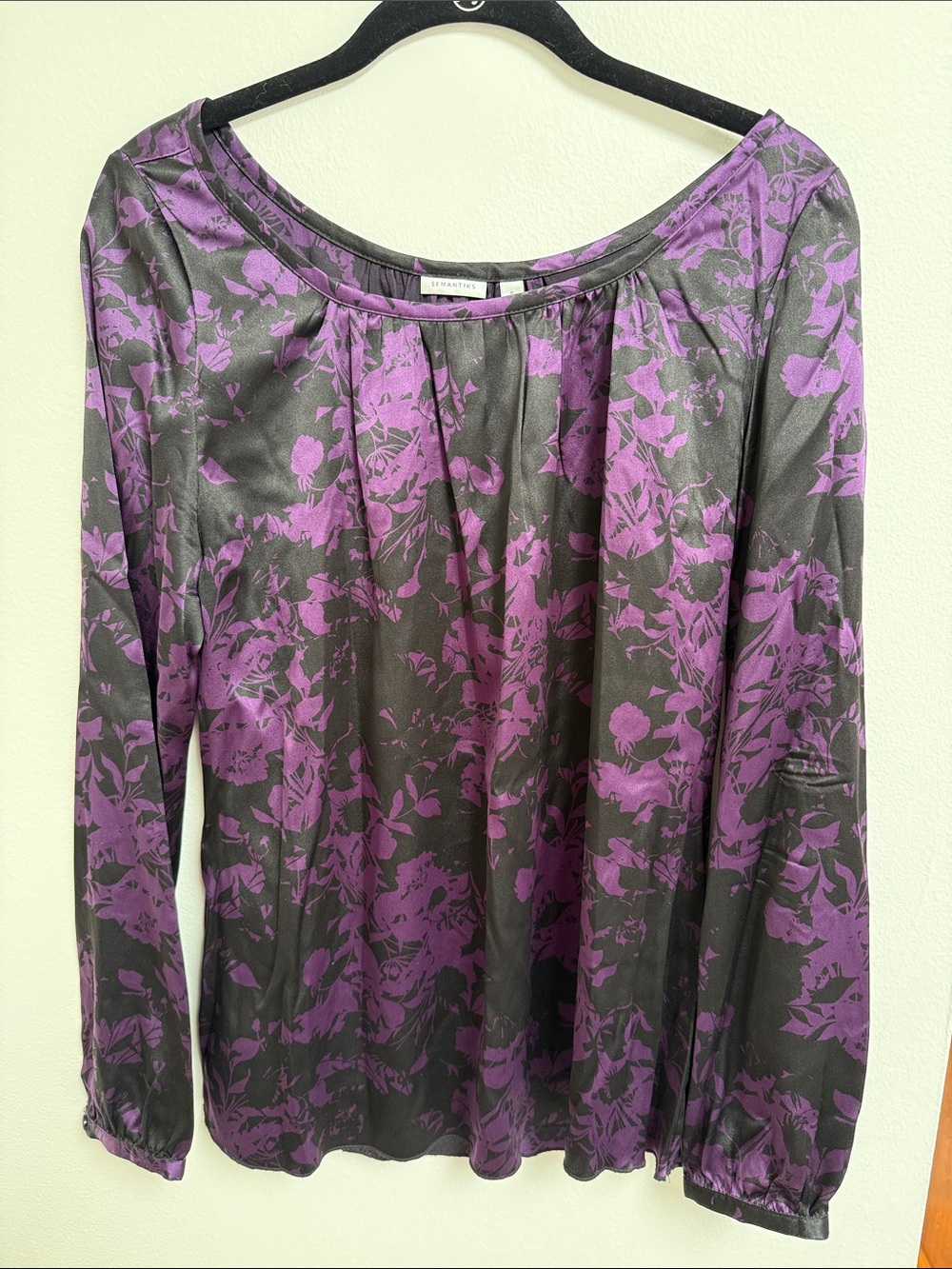 Semantics Purple & Black Floral Boatneck Long-Sleeve Silk Blend Top